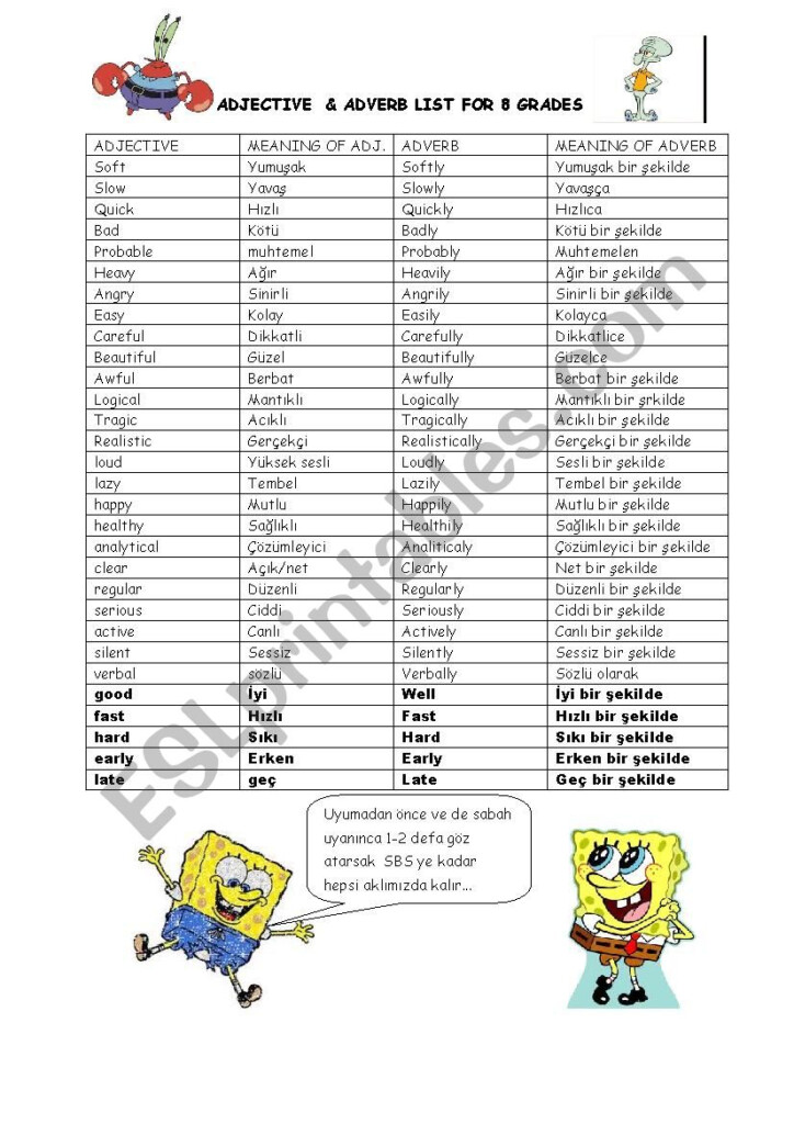 Adjective And Adverb List For 8 Th Grade ESL Worksheet By Say Ok 