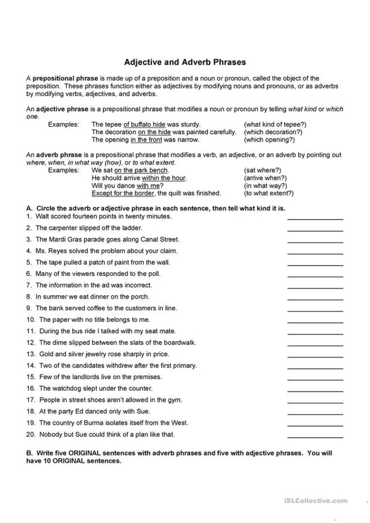Adjective Phrases And Adverb Phrases Worksheets