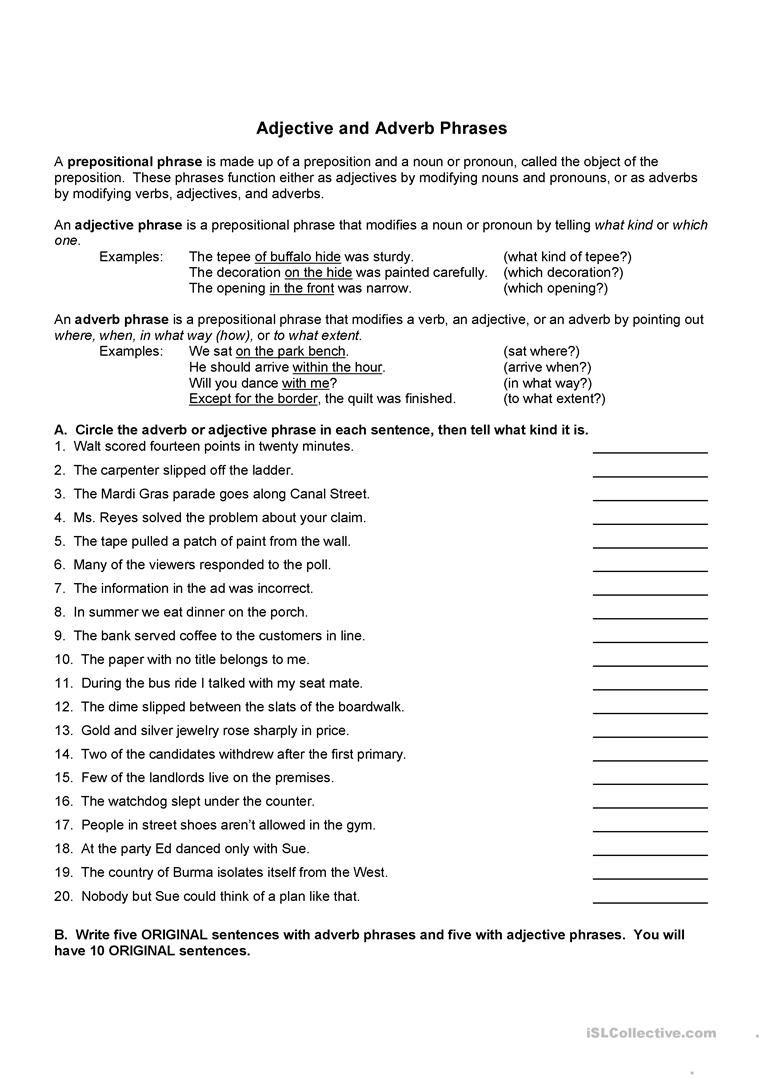 Adverb Prepositional Phrases Worksheets
