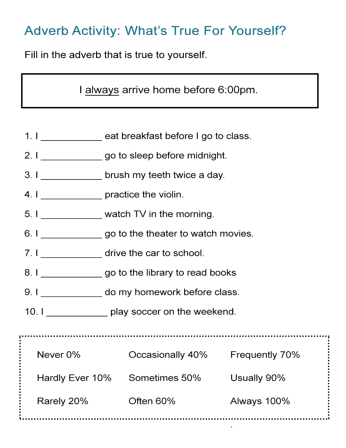 Adverb Activity What s True For Yourself ALL ESL