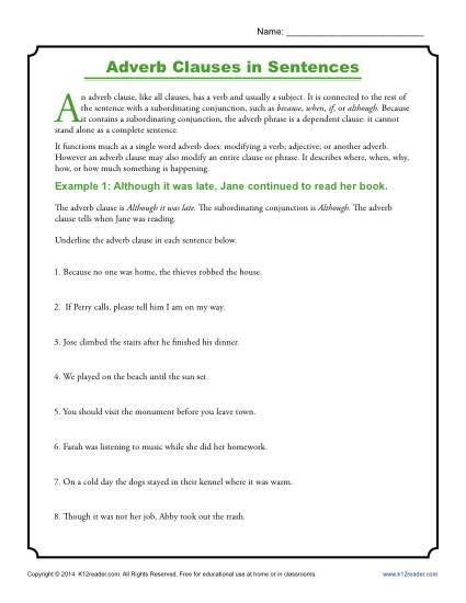 Adverb Clauses In Sentences Clause Worksheets Adverbs Worksheet 
