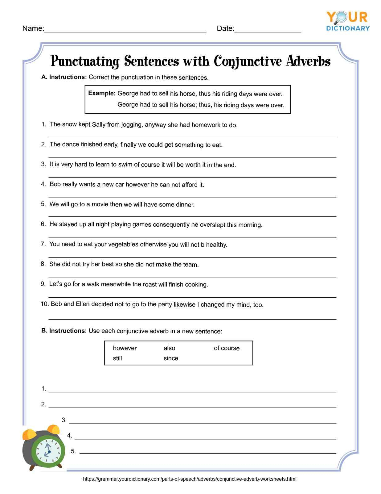 Conjuctive Adverb Punctuation Worksheets Online AdverbWorksheets