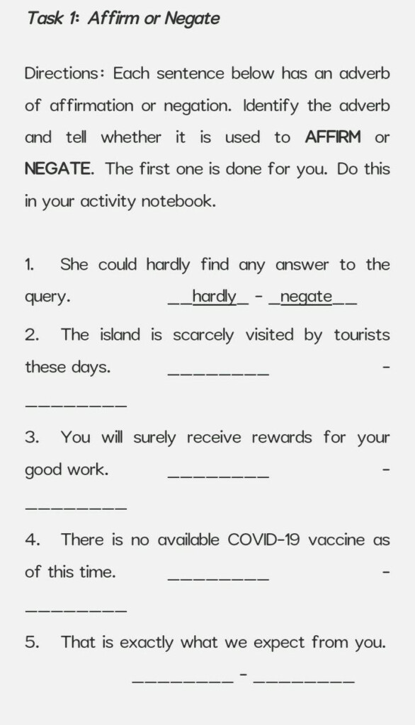 Adverbs Of Negation And Affirmation Worksheets