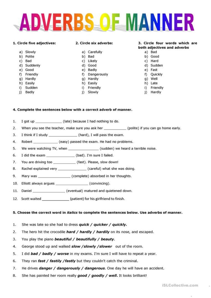 Worksheets On Adverbs For Grade 5 With Answers