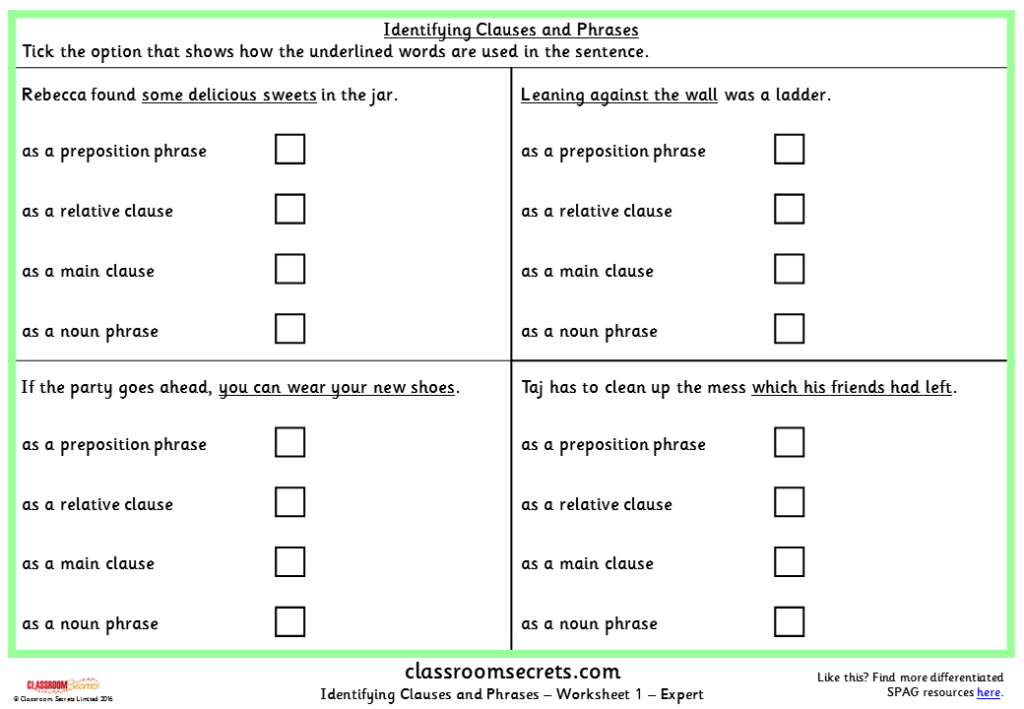 Clauses And Phrases Ks2 Worksheet