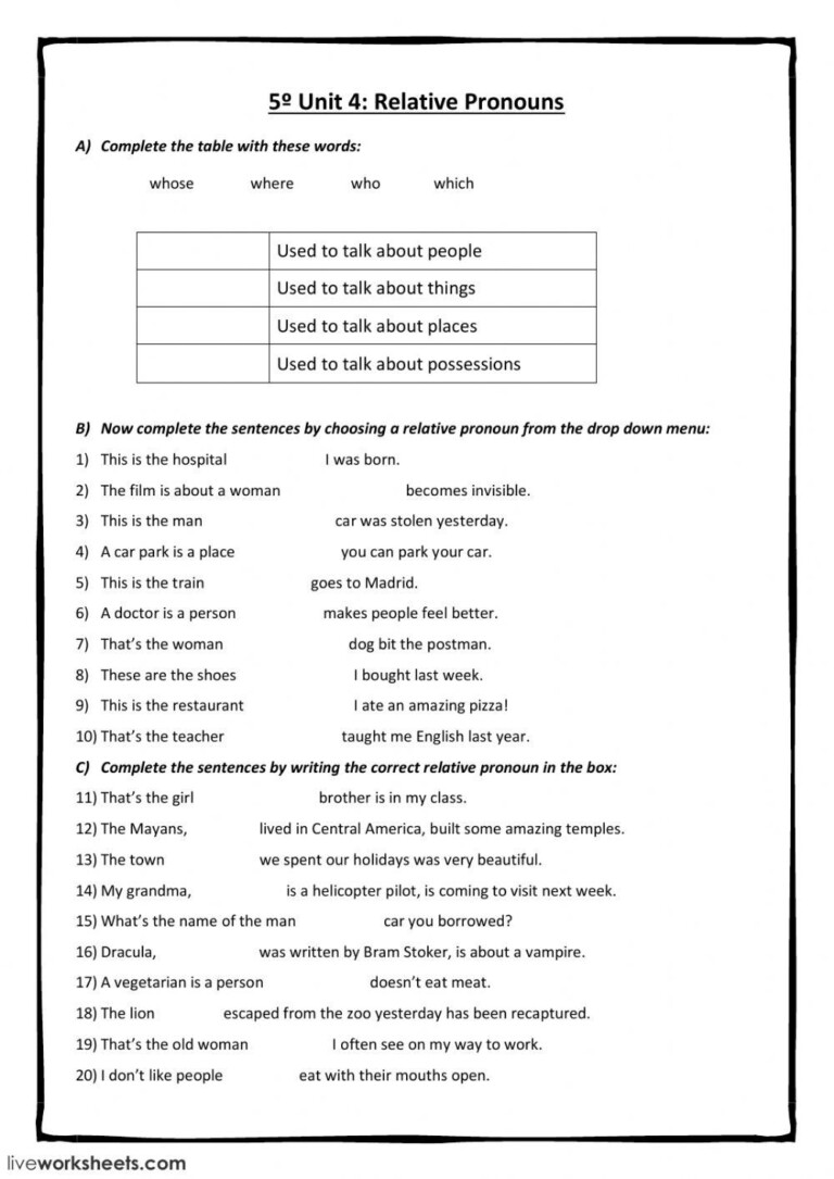 Relative Pronouns And Adverbs 4th Grade Worksheets