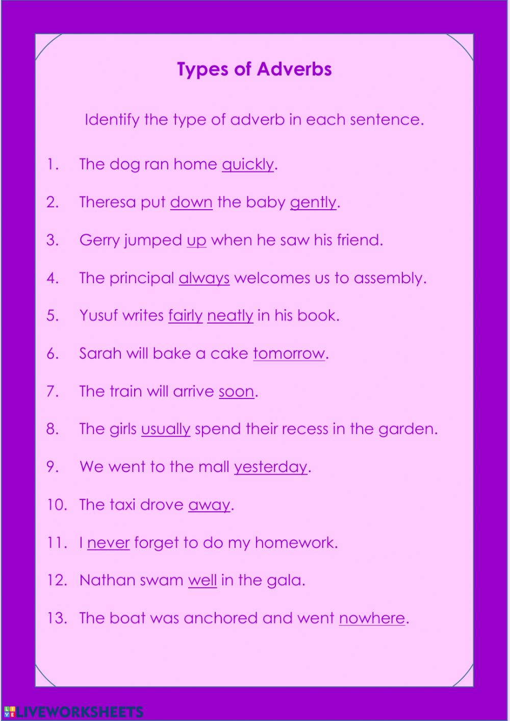 Types Of Adverbs Worksheet